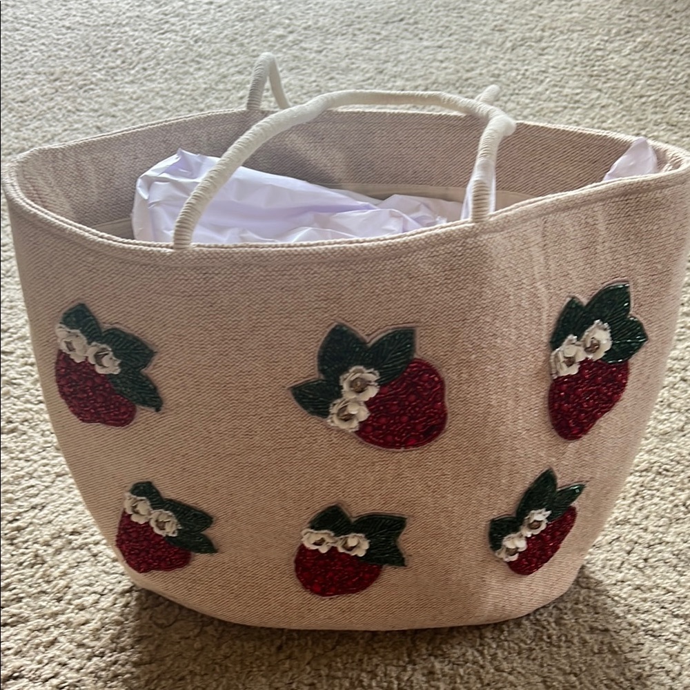 Strawberry Beaded Cream Tote Bag made in India - NEW WITH TAGS